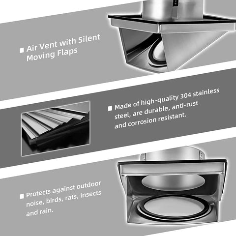 Air vent with silent flaps, brushed 304 stainless steel, 4 Inch External Extractor Wall Vent With Cushioned Non Return Flap.