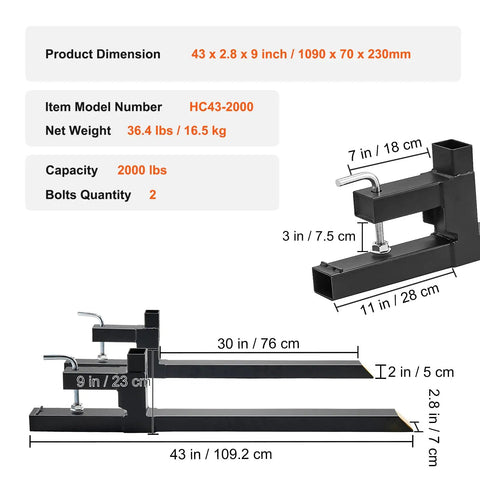 43 Inch Clamp On Pallet Forks For Tractor Buckets, 2000 Lb Capacity, Heavy Duty Quick Attach Forks For Bucket Loaders And Skid Steers shown.