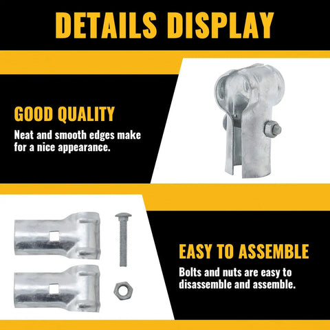 Details of End Rail Clamps For 1-5/8 Inch Pipe Panel T Connector Chain Link Fittings Tough As Nails Galvanized Steel, shown with bolts.