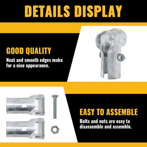 Details display of Heavy Duty End Rail T Clamps For 1-3/8 Inch Chain Link Fence Fittings, Galvanized Pipe T Connectors with bolts, nuts.