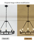 Wagon Wheel Chandelier 9 Light Black Metal Pendant for Dining Room and Kitchen Island Modern Farmhouse Lighting, turned off and on.