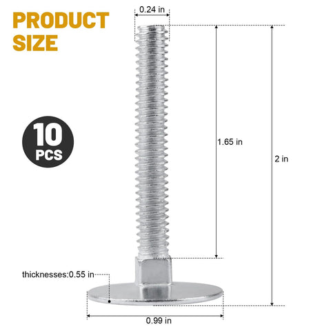 Side view of zinc-plated elevator bolt, 1/4-20 x 2, flat head with washer, 10 pcs