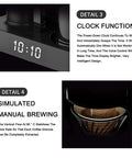 Automatic Coffee Machine With Detachable Water Tank That Doubles As A Drinking Cup One Touch Operation Auto Shutoff Cool Blue Indicator Light Anti Dry Heating Perfect For Home Use And Sharing Pot with clock function and manual brewing feature displayed.