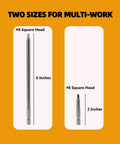 Kickass Pocket Hole Screw Driver Bit Set With 2 Inch And 6 Inch Square Drive Extensions shows two sizes of bits for woodworking.