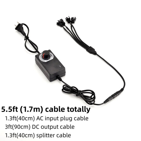 Adjustable 12V DC Fan Power Supply For PC Fans With 100 To 240V AC Input 36W Max Output showing cables and fan splitter