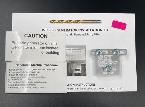 Generator Interlock WR-95 Kit for Murray and ITE 100 Amp Sub Panels, Billet Aluminum with instructions, drill bit, and sticker
