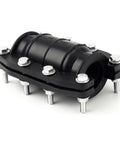 Pipe repair clamp, 1 inch diameter, black plastic housing with eight bolts and nuts for copper or plastic pipes.