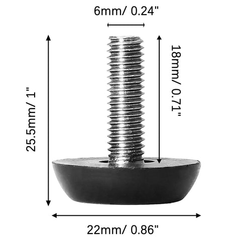 Killer Heavy Duty Stainless Steel Adjustable Furniture Leveling Feet M6 X 18Mm Threaded Legs with detailed measurements on a black base.