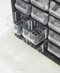 Close-up of Plastic 25-Drawer Parts Storage Organizer Box showcasing transparent drawers in a durable black cabinet.