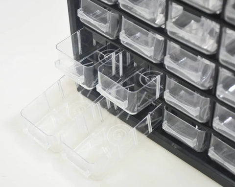 Close-up of Plastic 25-Drawer Parts Storage Organizer Box showcasing transparent drawers in a durable black cabinet.
