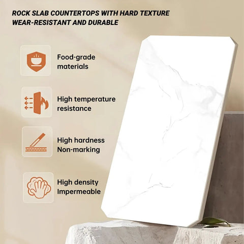 Rock slab countertop with hard texture, made from durable materials, showcasing high temperature and hardness resistance.