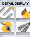 Detail display of Quarter Inch Shank Rabbet Router Bit with solid steel, carbide blade, heat coating, and bearings