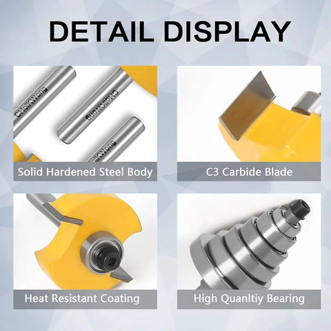 Detail display of Quarter Inch Shank Rabbet Router Bit with solid steel, carbide blade, heat coating, and bearings