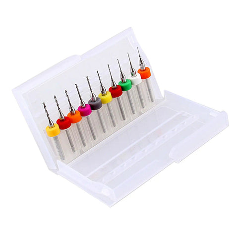 10 Piece Micro Drill Bit Set Tungsten Carbide Precision Bits for PCB Engraving, 0.3mm to 1.2mm Range in open plastic case