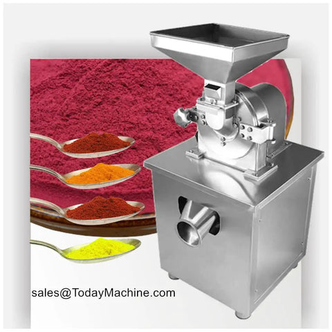 Heavy Duty Large Capacity Grinder Machine For Bulk Grinding Dry Fruit Spices Sugar Seeds Salt Chili Herbs Pepper Moringa Leaves And Nuts For Home Cooks Or Small Commercial Setup With Electric Powered High Speed Steel Blades next to colorful ground spices