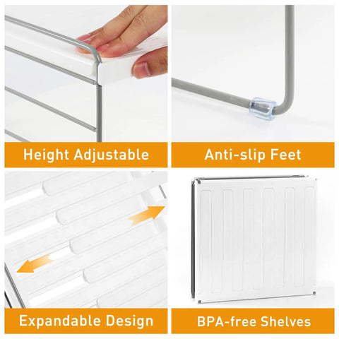 Expandable Foil And Plastic Wrap Organizer, 3-Tier Height Adjustable Kitchen Cabinet Rack with features like anti-slip feet and BPA-free shelves.