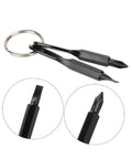 Two Pack Mini Key Shape Screwdriver Set with flathead and Phillips bits, stainless steel key chain tools, shown with close-up bit details.