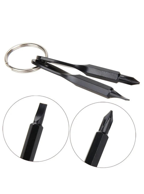 Two Pack Mini Key Shape Screwdriver Set with flathead and Phillips bits, stainless steel key chain tools, shown with close-up bit details.