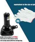 Beefed Up 2 Ton Heavy Duty Spiral Bottle Jack And Stand Combo For Trucks And SUVs with gloves for size comparison