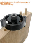 Self Centering Doweling Jig Handheld Drill Guide Pro Grade in use on wood panel with visible dowels, showcasing alignment accuracy.
