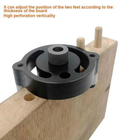 Self Centering Doweling Jig Handheld Drill Guide Pro Grade in use on wood panel with visible dowels, showcasing alignment accuracy.