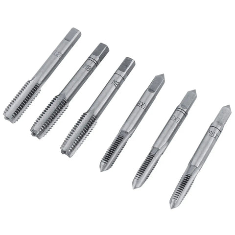 Must Have Metric Thread Cutting Die Tap And Die Set Crafted From Tough Alloy Steel To Restore Or Create Perfect Threads On Steel And Stainless With Adjustable Wrench For Your Metalworking Vehicle Machinery Repair Needs. six alloy steel metric taps shown