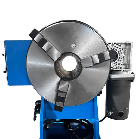 Rock Solid 110 Volt 8 Inch Welding Positioner featuring 3 jaw self centering hollow chuck and motor from a top angle.