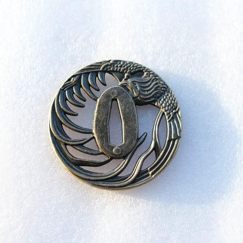 Hand Forged Alloy Katana Tsuba Guard with Aquatic Pattern 3.2 Inch Authentic Iaido Accessory in close-up on white background