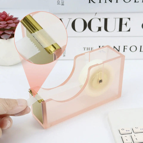 Pink Stapler And Tape Dispenser Set With Acrylic Desktop Organizer Dope Desk Setup Kit includes pink acrylic tape dispenser in use