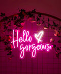 Neon Sign Wall Art Light for Bedroom Bar Pub Club Rave Decor 60x37cm, pink 'Hello gorgeous' text with floral accents.
