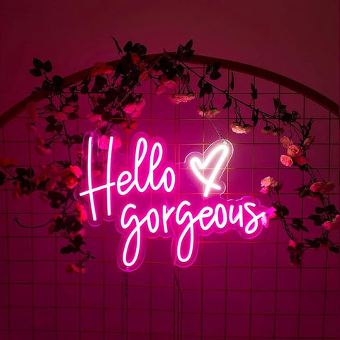Neon Sign Wall Art Light for Bedroom Bar Pub Club Rave Decor 60x37cm, pink 'Hello gorgeous' text with floral accents.