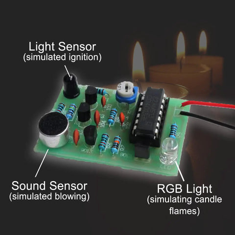 Image of Soldering Practice Kit For Beginners And Students With Electronic Candle Project LED DIY Electronics Kit, showing PCB with sensors and lights.