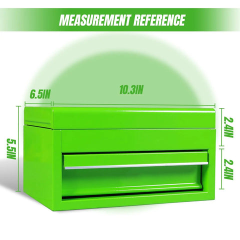10 Inch Mini Portable Steel Tool Box With Drawer In Green for Garage or Workbench, showing measurement dimensions