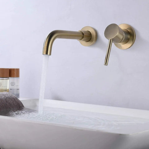 Wall Mount Bathroom Faucet In Brushed Gold With Single Handle And Brass Rough In Valve Solid Brass Construction CUPC Certified