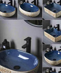 UYTROPLK Bathroom Vessel Sink Ceramic Outdoor Indoor Bathroom Vintage Pedestal Basin with Accessories Patio Wash Basin Round Bathroom Sink with blue and cream designs.
