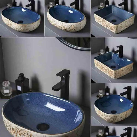 UYTROPLK Bathroom Vessel Sink Ceramic Outdoor Indoor Bathroom Vintage Pedestal Basin with Accessories Patio Wash Basin Round Bathroom Sink with blue and cream designs.