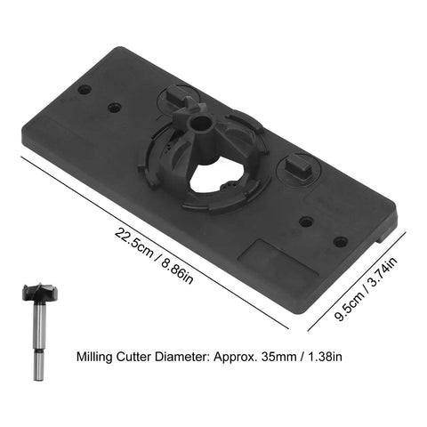 Aramox Hinge Hole Saw Jig For Precise 35mm Cup Drilling With Adjustable Depth Stop and Spacing Options shown with dimensions.