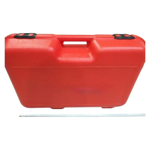 Portable Electric Pipe Bender Heavy Duty Conduit Seamer in sturdy red carrying case with handle and measurements for size reference.