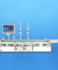 Compact Automatic Liquid Filling Machine With Conveyor Belt And Smart Dual Nozzles For Smooth Bottling Perfumes Spirits Cooking Oil No Sweat Digital Calibration on a blue background.