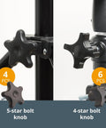 Close-up of 5-star and 4-star knobs from 128 Piece T Track Knob Kit For Woodworking Jigs And Fixtures Featuring 5 Star Knobs And 1 4 20 Threaded Bolts And Washers Heavy Duty Pro Grade Hardware For DIY Custom Jigs And Fixtures on jigs with labeled quantities.