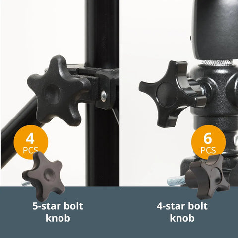 Close-up of 5-star and 4-star knobs from 128 Piece T Track Knob Kit For Woodworking Jigs And Fixtures Featuring 5 Star Knobs And 1 4 20 Threaded Bolts And Washers Heavy Duty Pro Grade Hardware For DIY Custom Jigs And Fixtures on jigs with labeled quantities.