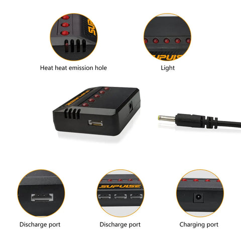 5in1 USB Charger For RC Planes And Spare Parts showing heat emission hole, light, discharge, and charging ports