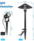 All-In-One LED Low Voltage Landscape Lighting Kit with 6 Path Lights and 2 Spotlights, dimensions shown, aluminum build