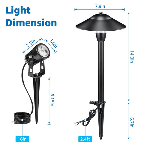 All-In-One LED Low Voltage Landscape Lighting Kit with 6 Path Lights and 2 Spotlights, dimensions shown, aluminum build