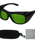 Heavy Duty Laser Safety Glasses Delivering Straight Up OD7 Plus Kick Against 800 To 1100 Nm Rays with storage case and cleaning cloth.