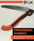 Folding camp saw with 8.5 inch SK5 steel blade, ergonomic handle, safety lock, non-slip grip, ideal for wood cutting on trails.