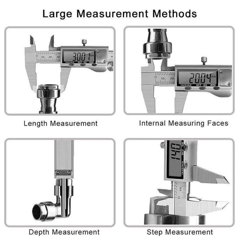 Stainless Steel Digital Caliper With Large LCD Screen For Precise 0 To 150mm Measurements showing various measurement methods