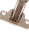 Close-up of zinc alloy full overlay cabinet hinges with 110 degree 3D adjustable mounting plate clip top smooth close for rimless frameless doors.