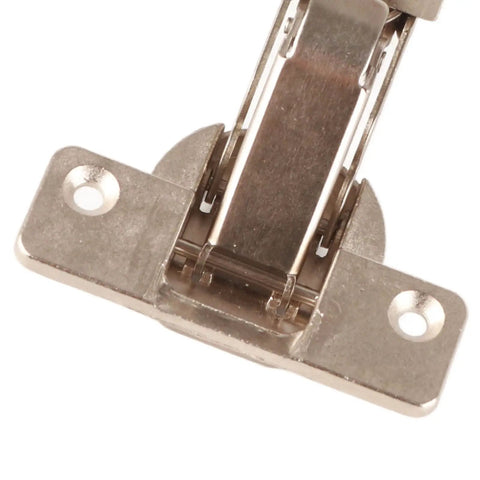 Close-up of zinc alloy full overlay cabinet hinges with 110 degree 3D adjustable mounting plate clip top smooth close for rimless frameless doors.
