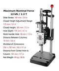 Manual arbor press with specifications on maximum force, dimensions, and usage for leather crafting and riveting.